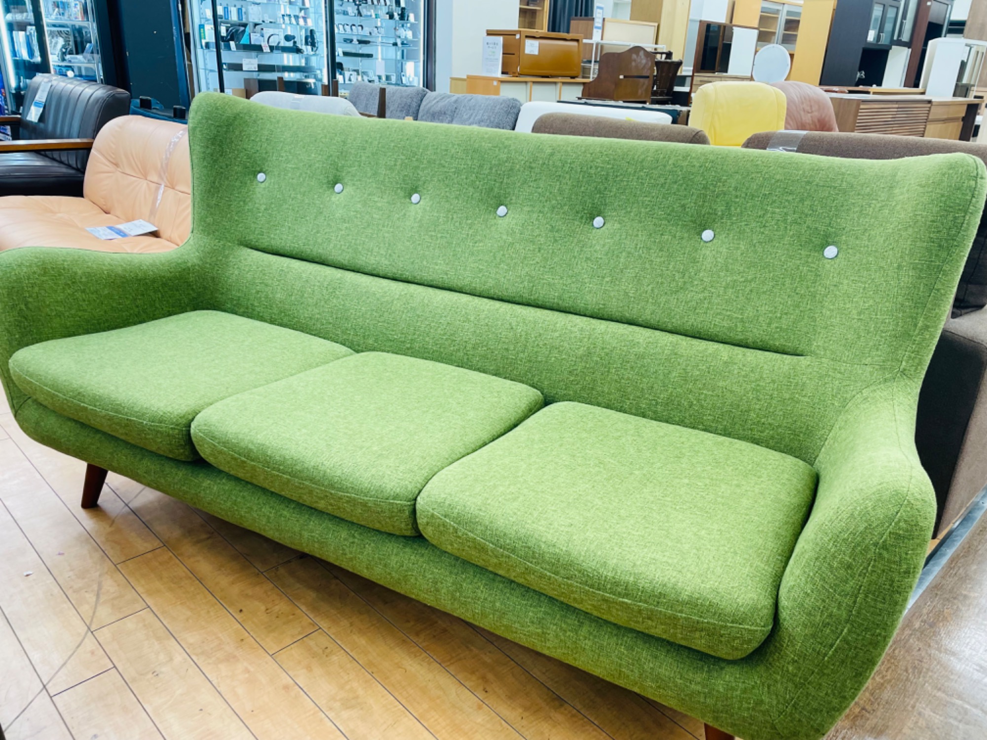 家具買取強化中】サンコウ 3人掛けソファー グリーン を買取入荷致し