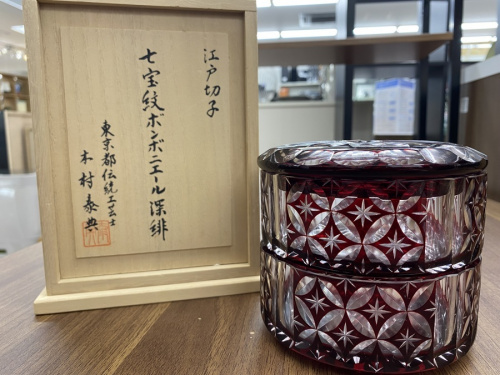 江戸切子の七宝紋ボンボニエール深緋