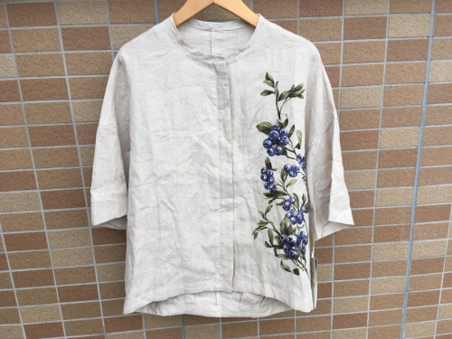 シャツの半袖スタンドカラーリネンブラウス