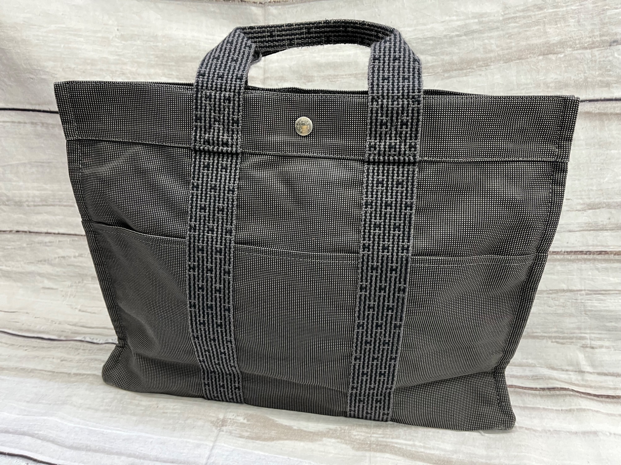 HERMES エールライン トート PM 手提げ バッグ キャンバス グレー 駅南