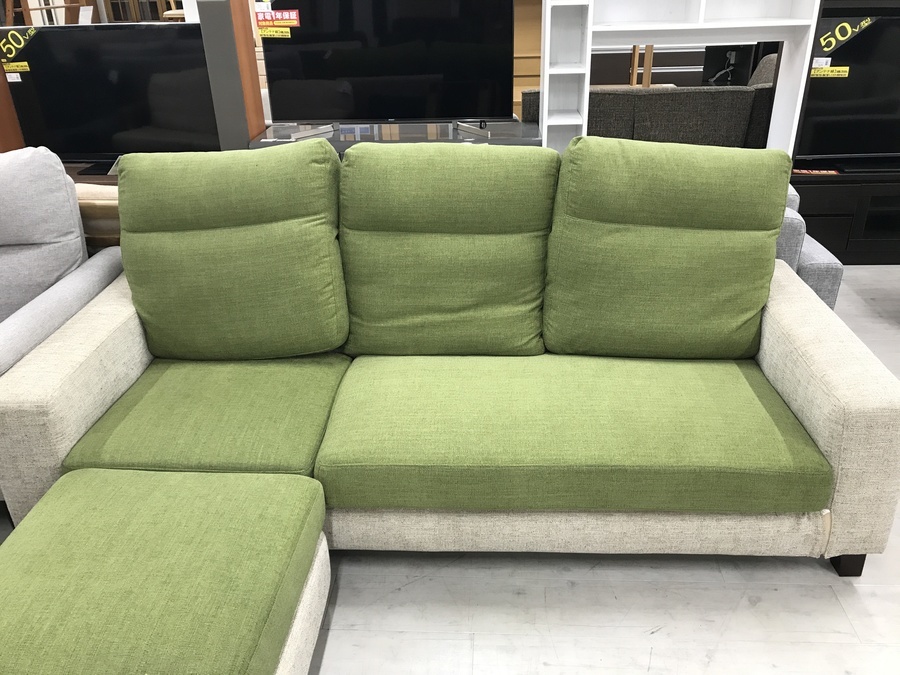 2人掛けソファー オットマン付き ファブリック 黄緑 【トレファク堺