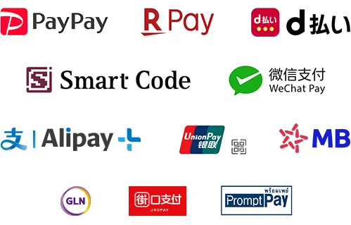 PayPay,楽天Pay,d払い,Smart Code,WeChat Pay,ALIPAY,UnionPay,MB BANK,GLN,JKOPAY,PromptPay