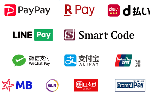 PayPay,楽天Pay,d払い,LINEPay,Smart Code,WeChat Pay,ALIPAY,UnionPay,MB BANK,GLN,JKOPAY,PromptPay