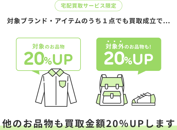 宅配買取サービス限定 対象ブランド・アイテムのうち1点でも買取成立で、他のお品物も買取金額20%アップします。