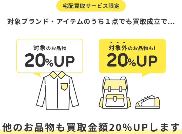 宅配買取サービス限定 対象ブランド・アイテムのうち1点でも買取成立で、他のお品物も買取金額20%アップします。