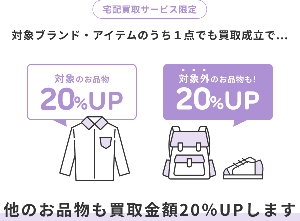 宅配買取サービス限定 対象ブランド・アイテムのうち1点でも買取成立で、他のお品物も買取金額20%アップします。